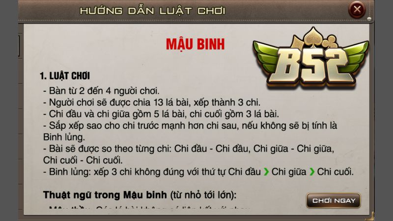 Hướng dẫn chi tiết luật chơi Mậu Binh B52 Club